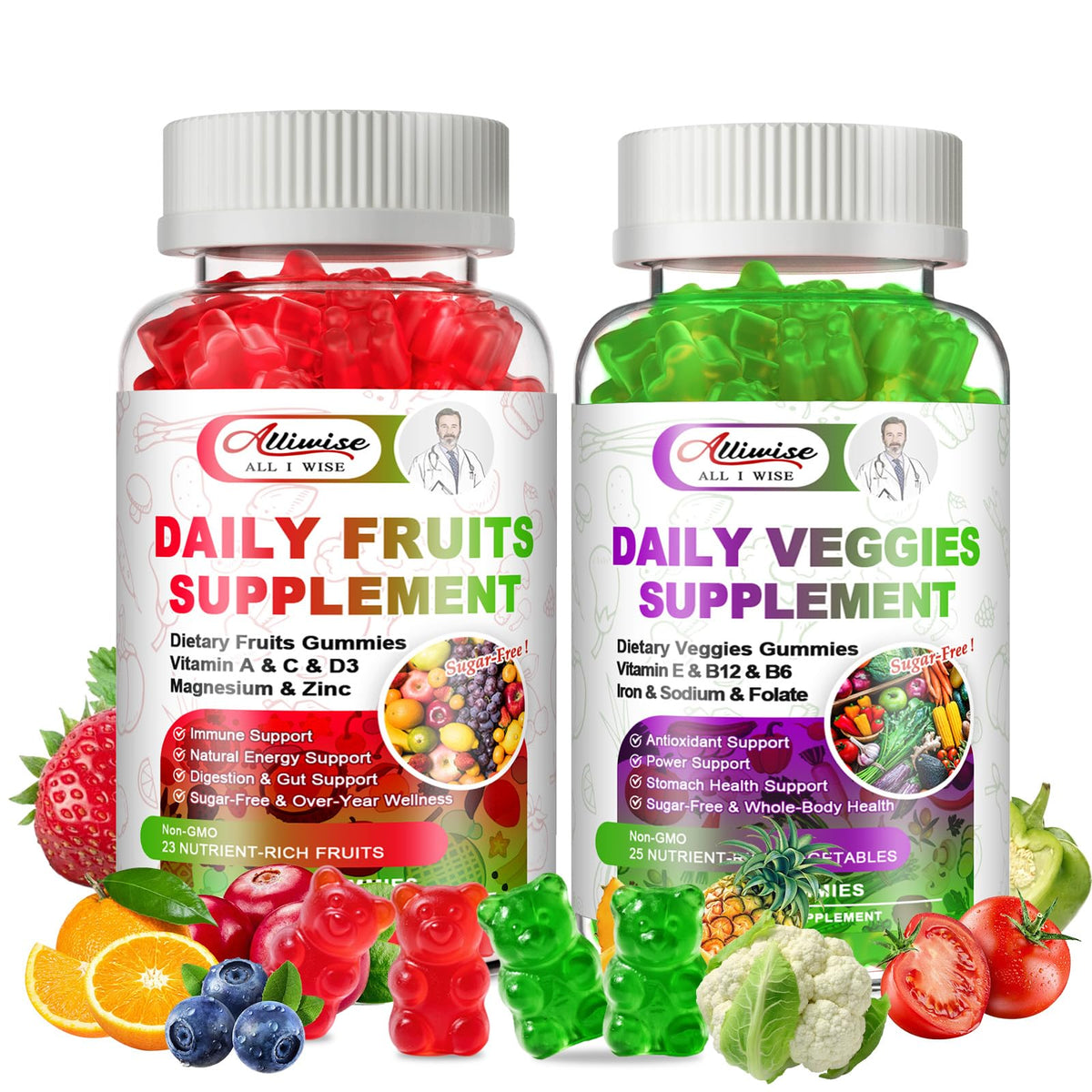 Alliwise bottle of sugar-free fruits & veggies gummies for convenient daily nutrition.