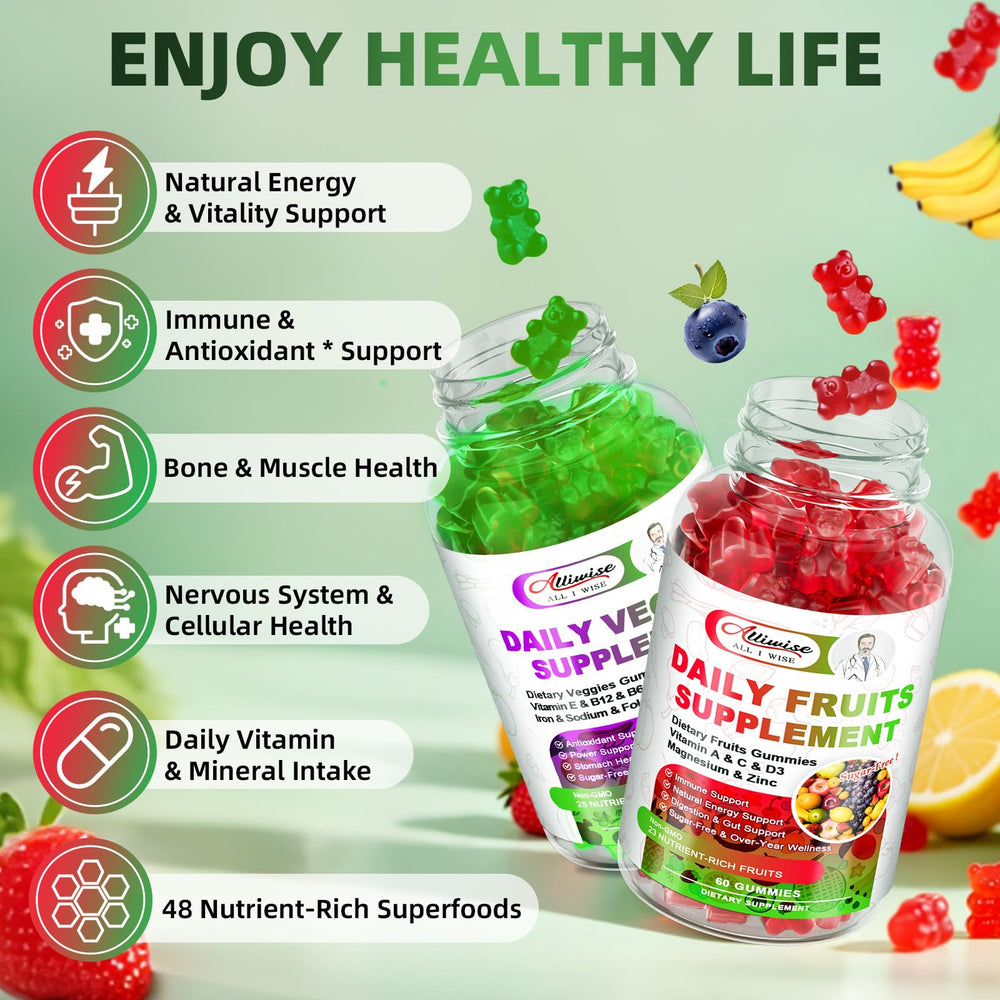 Alliwise gummies close-up showing colorful fruit and veggie mix for appeal.