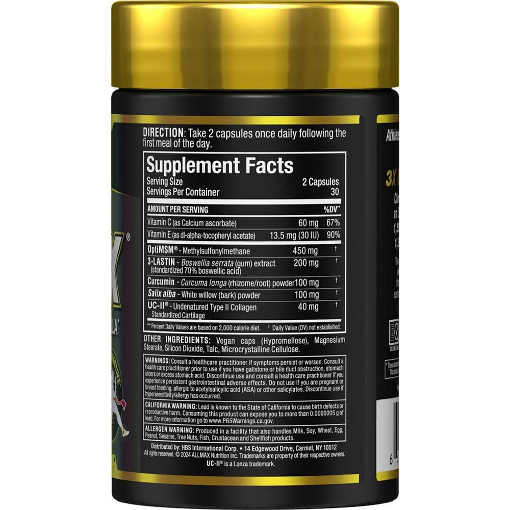 AllMax ALLFLEX label close-up highlighting vitamin C and E benefits
