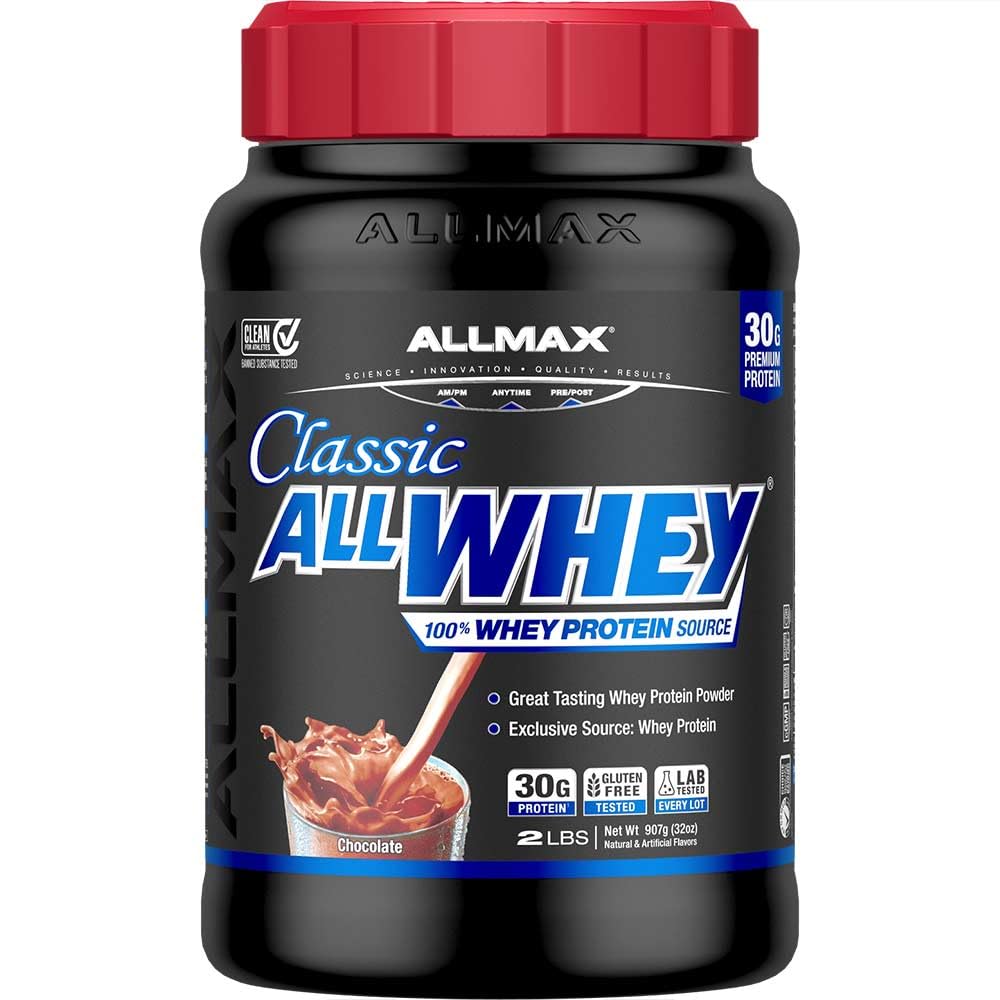 ALLMAX ALLWHEY Chocolate 2lb jar front highlights protein-rich formula for active days