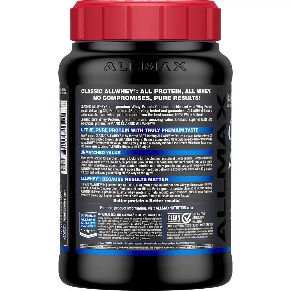 ALLMAX ALLWHEY Chocolate 2lb scoop in jar emphasizes convenient serving size
