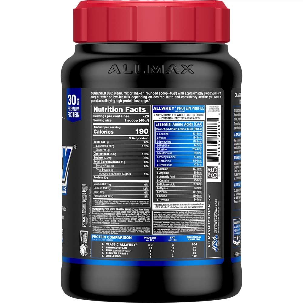 ALLMAX ALLWHEY Chocolate label closeup shows gluten-free and kosher certifications