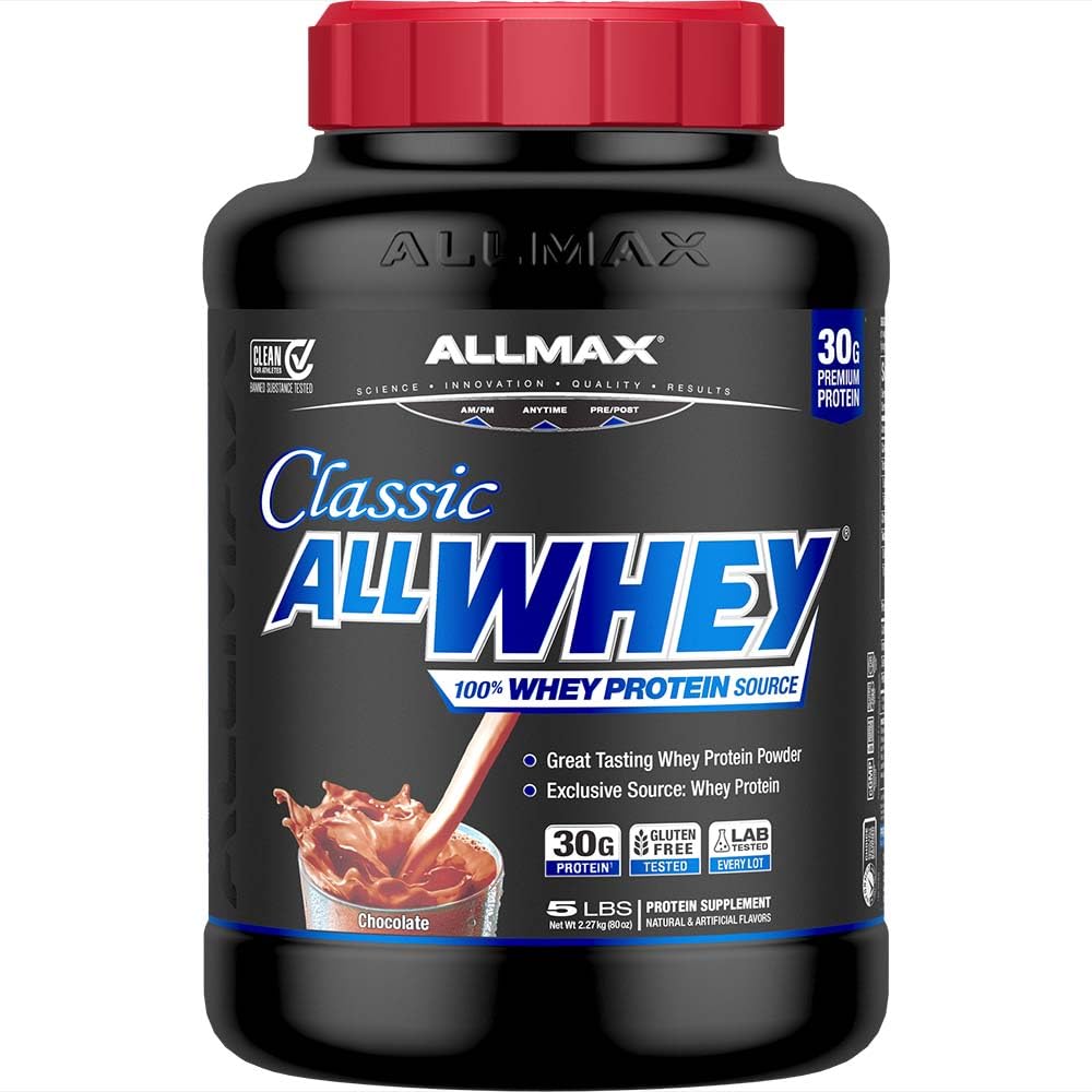 AllWhey Classic chocolate bottle highlights premium whey blend for convenient daily protein