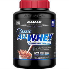 AllWhey Classic chocolate bottle highlights premium whey blend for convenient daily protein