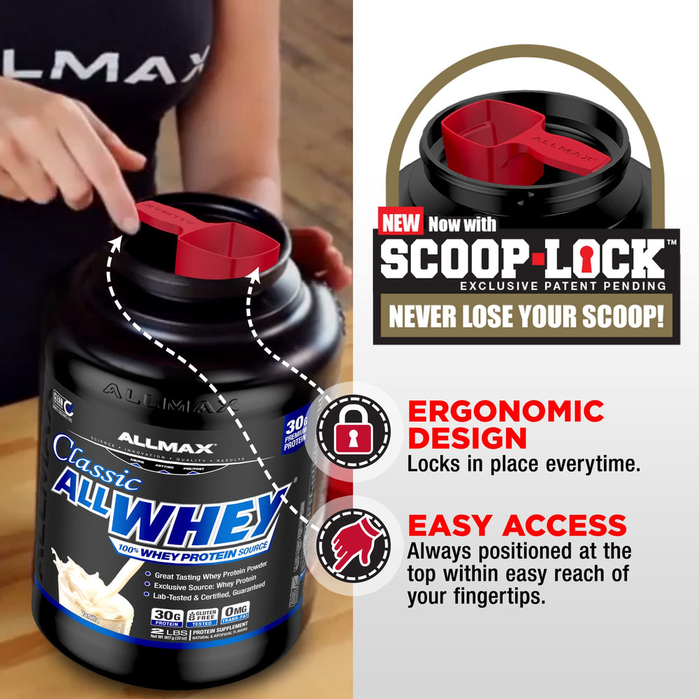 AllWhey Classic chocolate label indicates gluten-free, kosher-certified quality standards