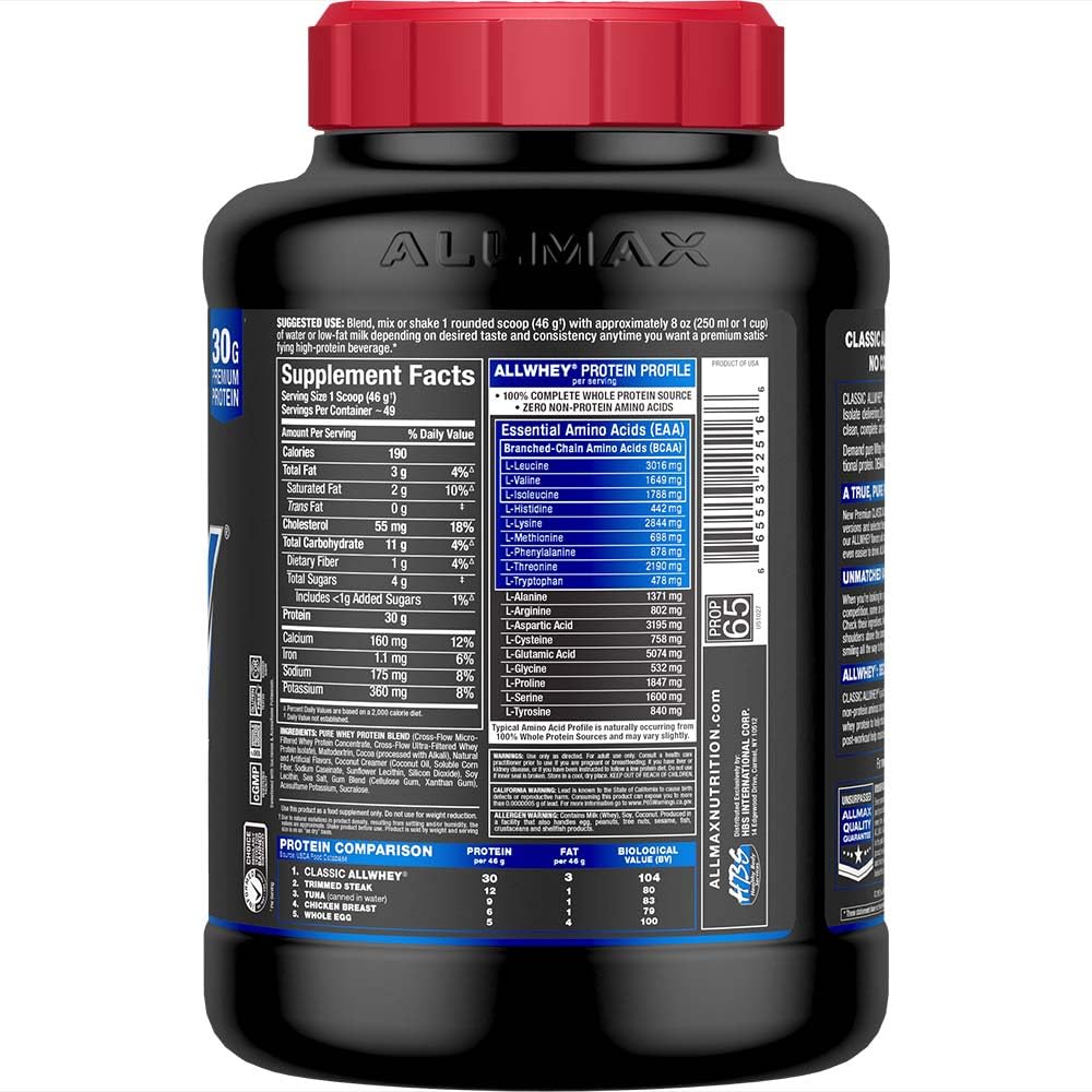 AllWhey Classic chocolate 5lb scoop-in-jar demonstrates precise serving for consistent intake