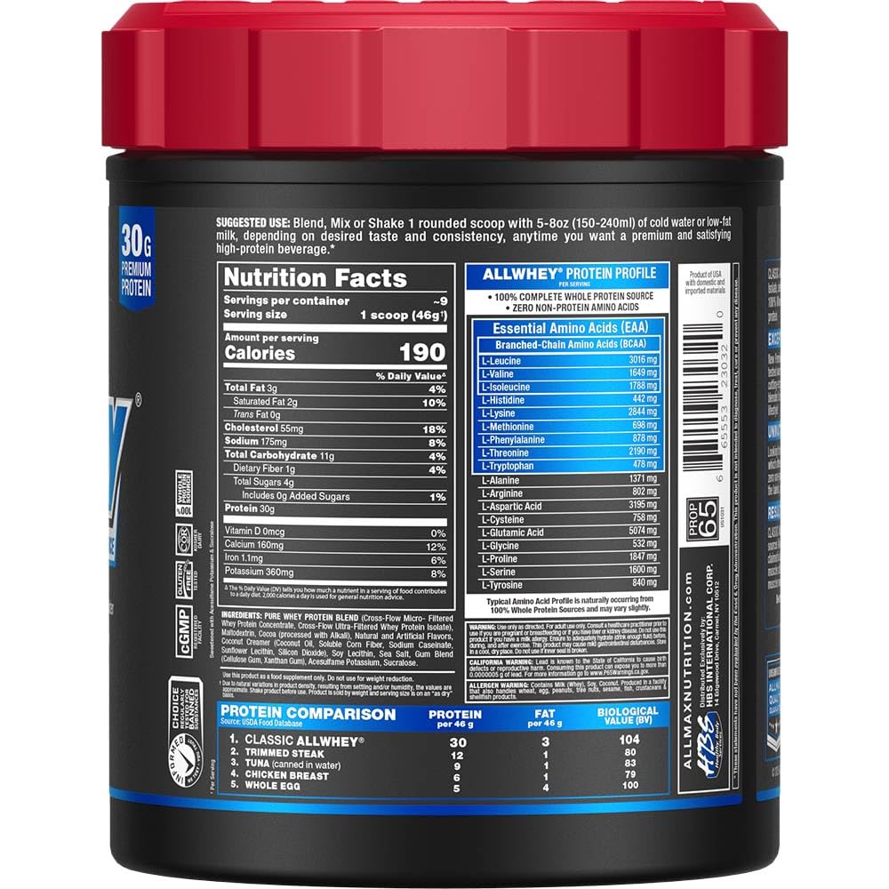 AllWhey Classic cookies-cream flavor swirl with powder scoop for smooth mixing.