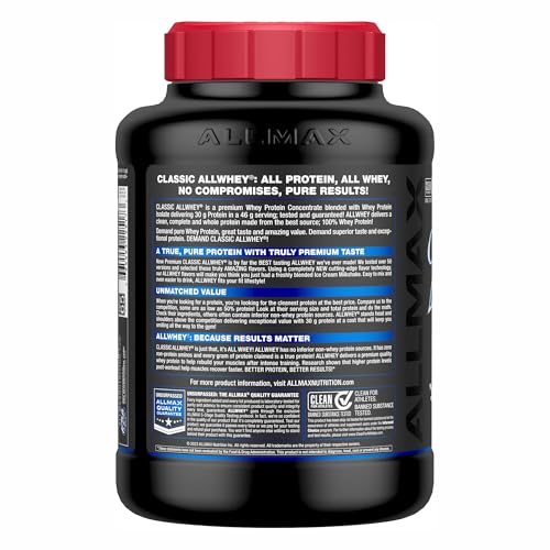 AllWhey Classic Vanilla 5lb scoop shows precise serving for consistency