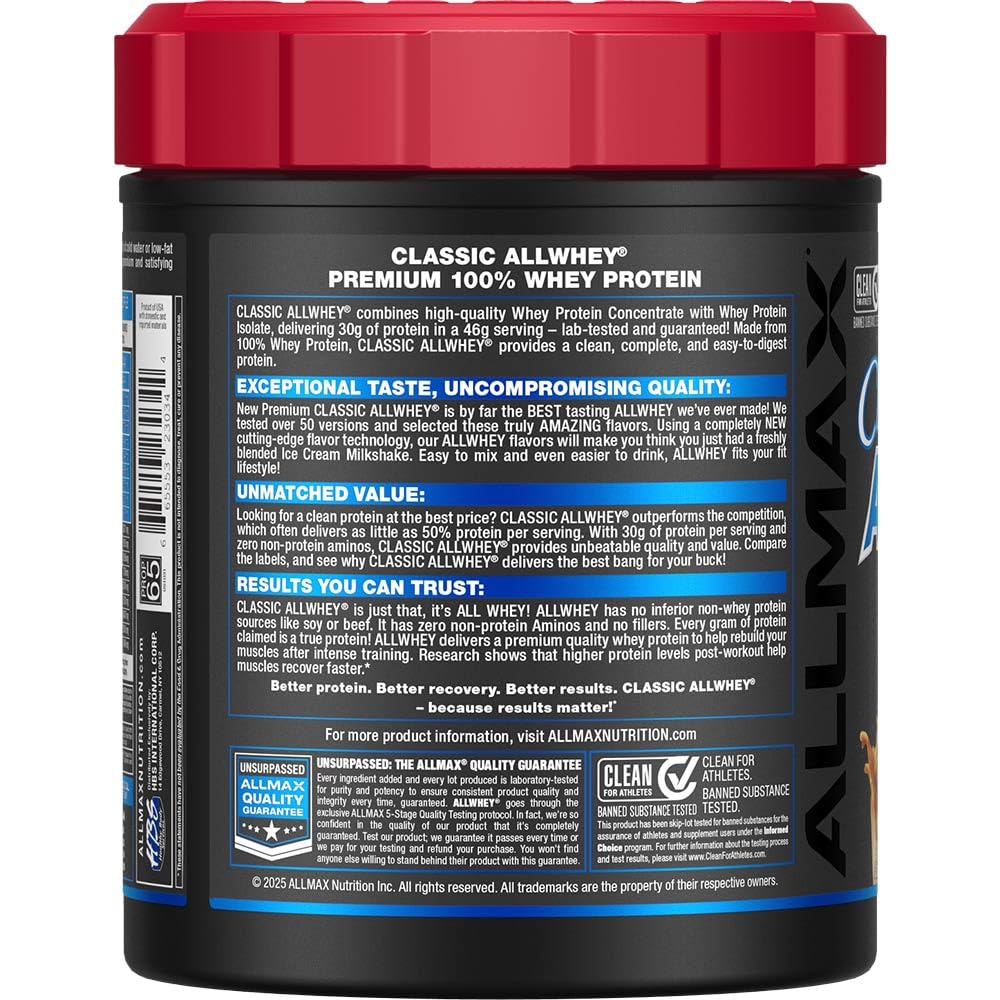 ALLMAX AllWhey Classic label closeup highlights purity and certifications.