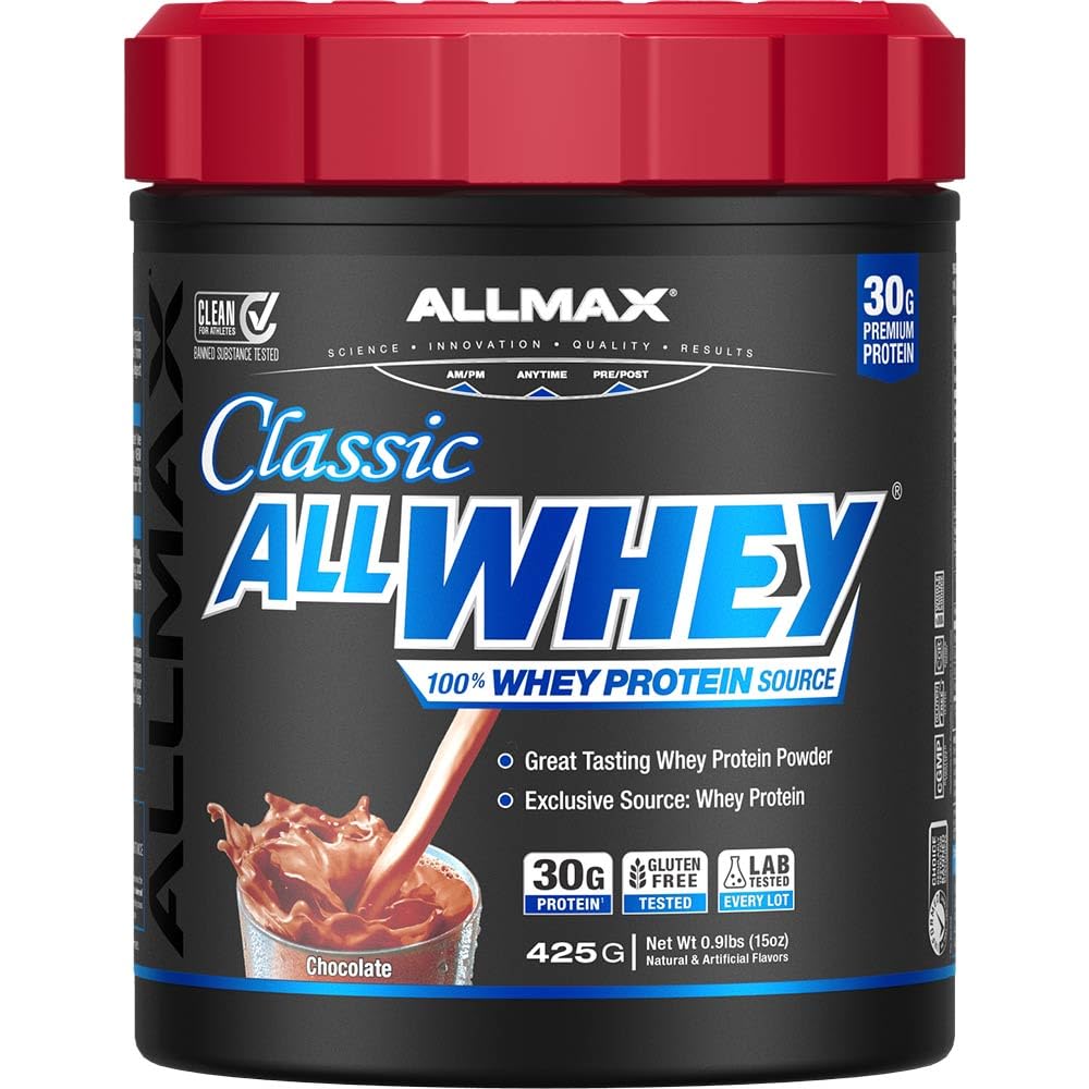 AllWhey Classic whey protein powder jar showcases premium blend for post-workout recovery.