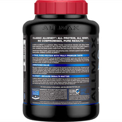 ALLMAX ALLWHEY Cookies & Cream scoop shown for accurate, mess-free servings.