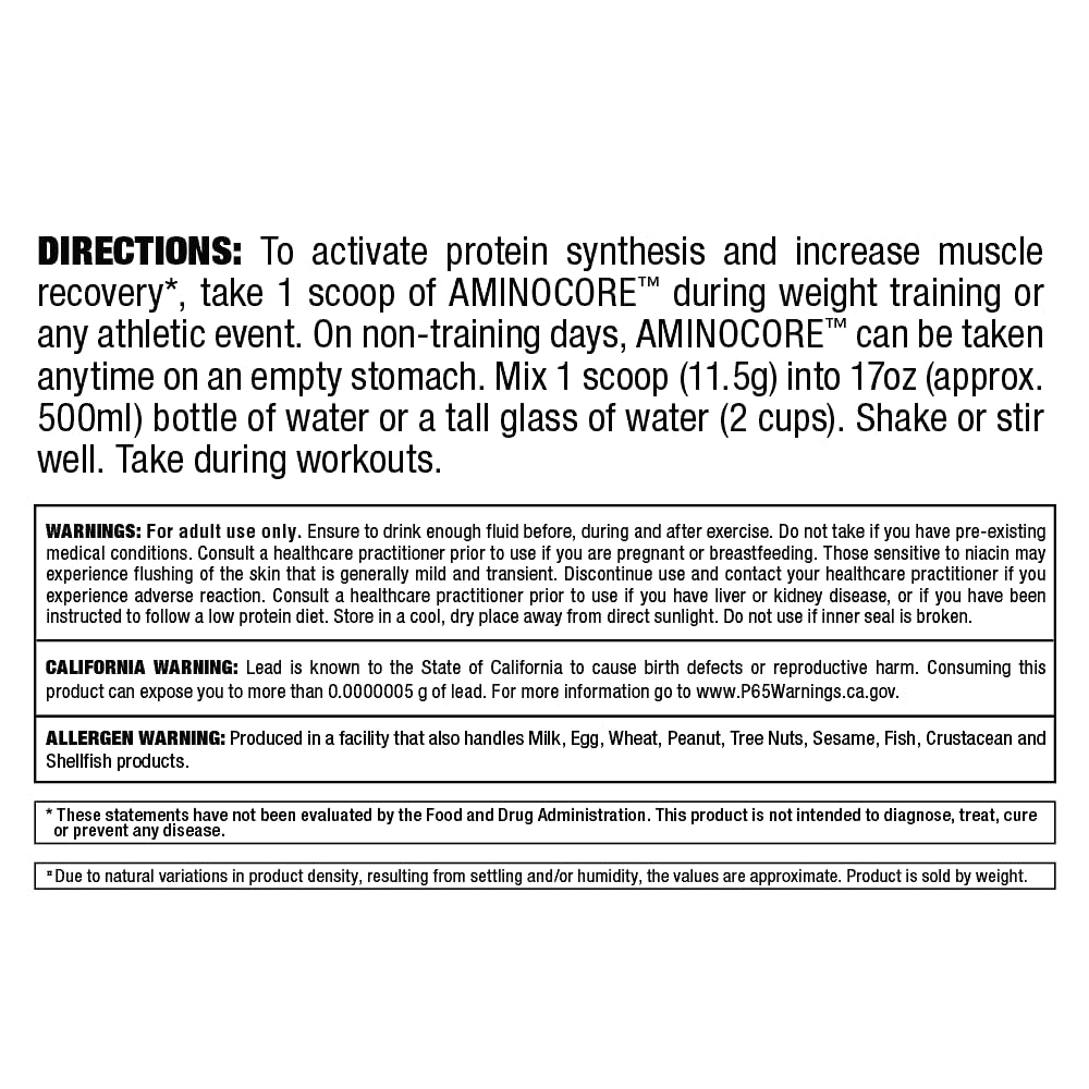ALLMAX AMINOCORE blue raspberry label close-up highlighting gluten-free formulation.