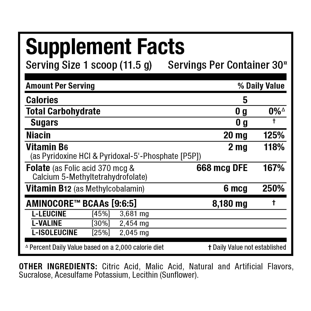 Nutrition facts panel of ALLMAX AMINOCORE blue raspberry bottle for tracking macros.