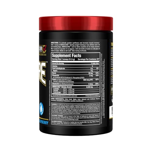 ALLMAX AMINOCORE blue raspberry powder being mixed for sustained energy during workouts.