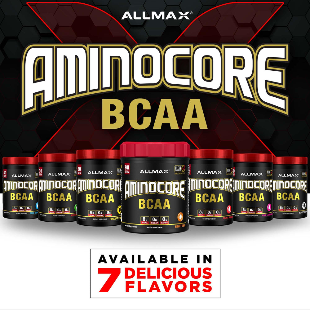 Allmax AminoCORE Blue Raspberry tub on kitchen counter with cap closed