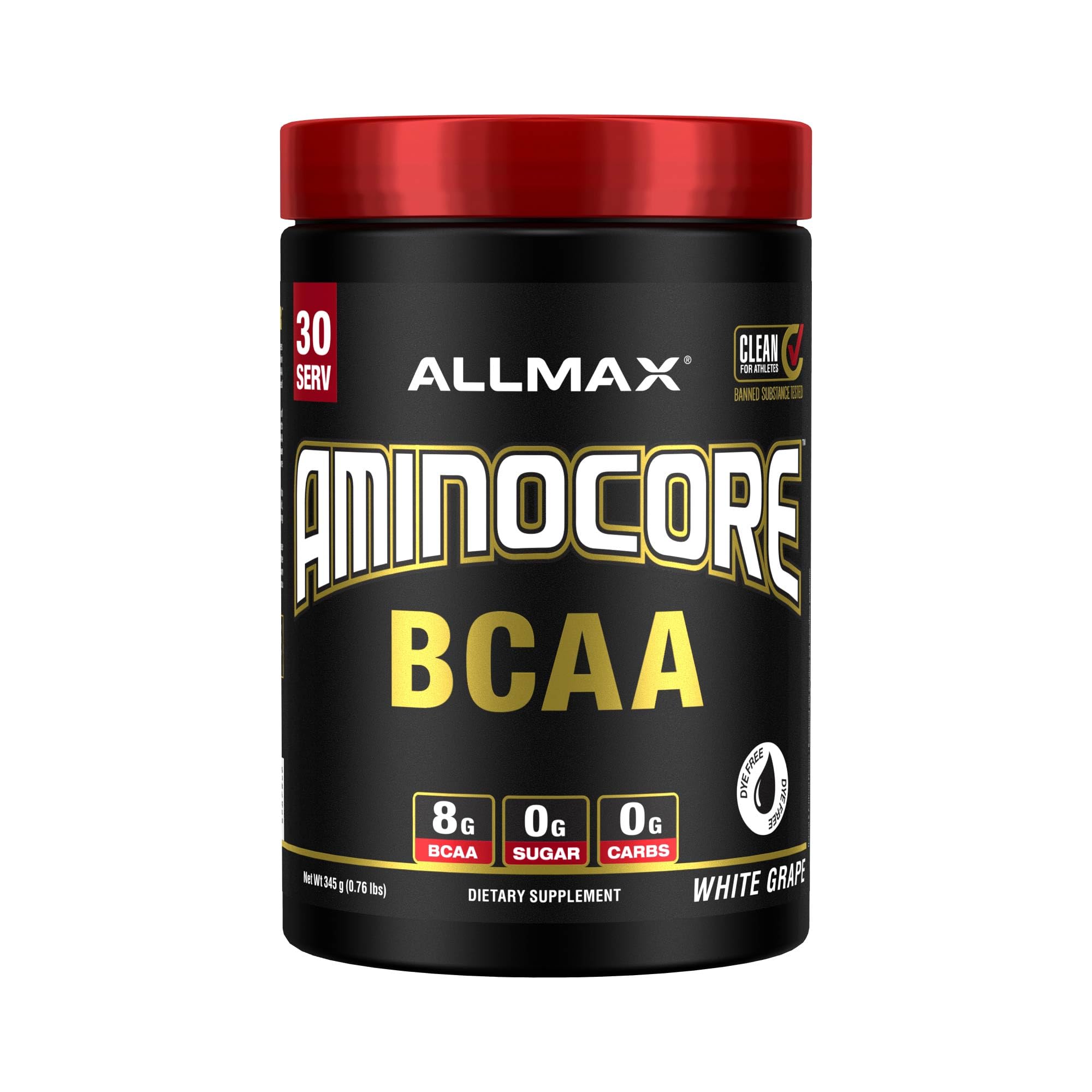 ALLMAX AMINOCORE bottle front in white grape flavor for intra-workout support