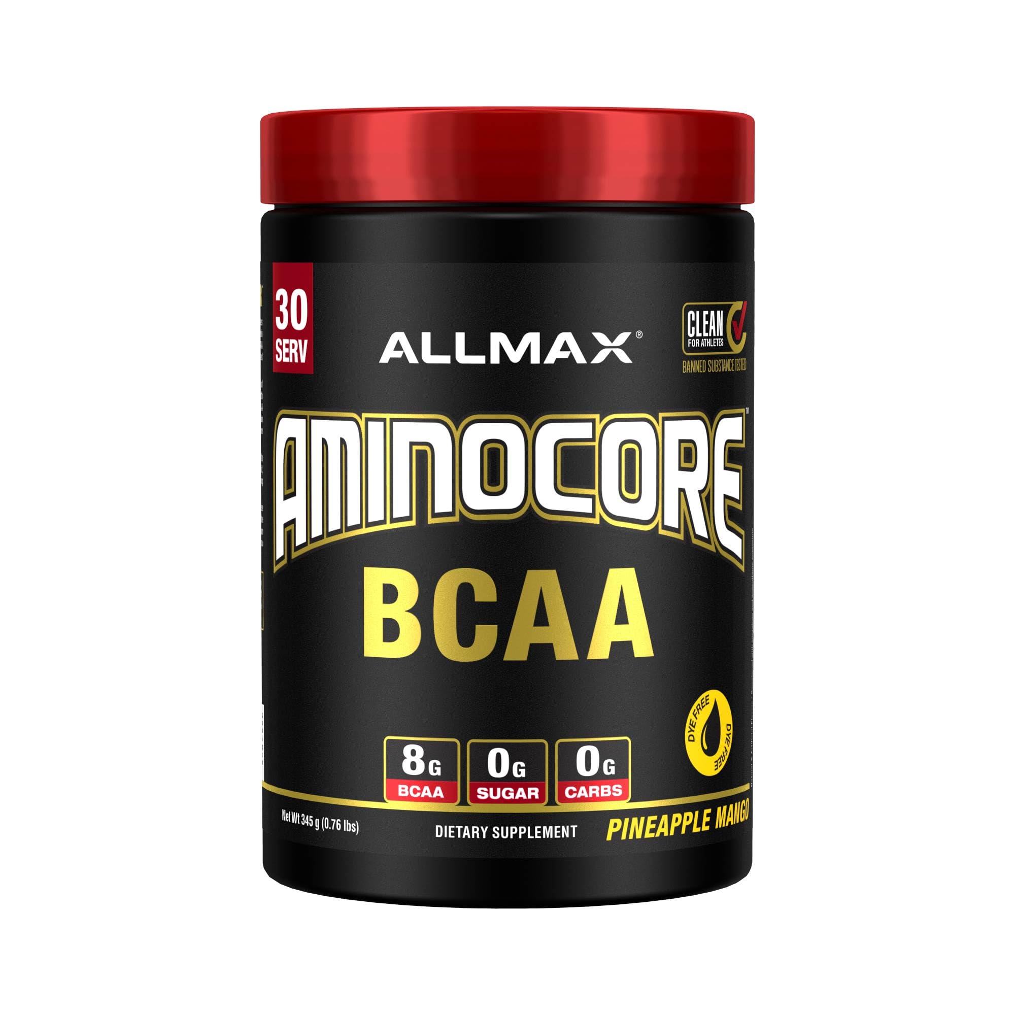 ALLMAX AMINOCORE bottle with Pineapple Mango flavor, perfect for intra-workout hydration and taste.