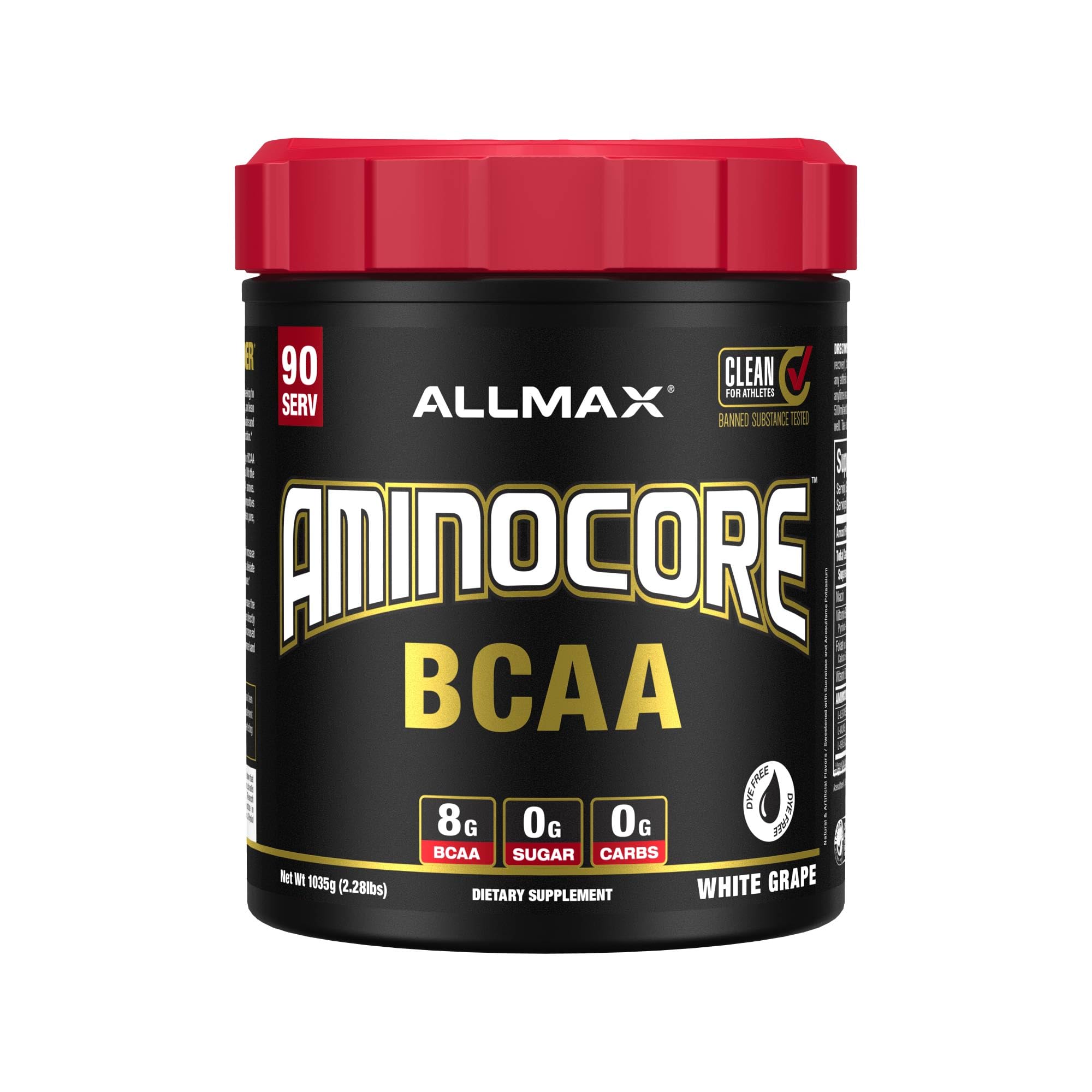 ALLMAX AMINOCORE bottle with scoop ready for intra-workout fueling.