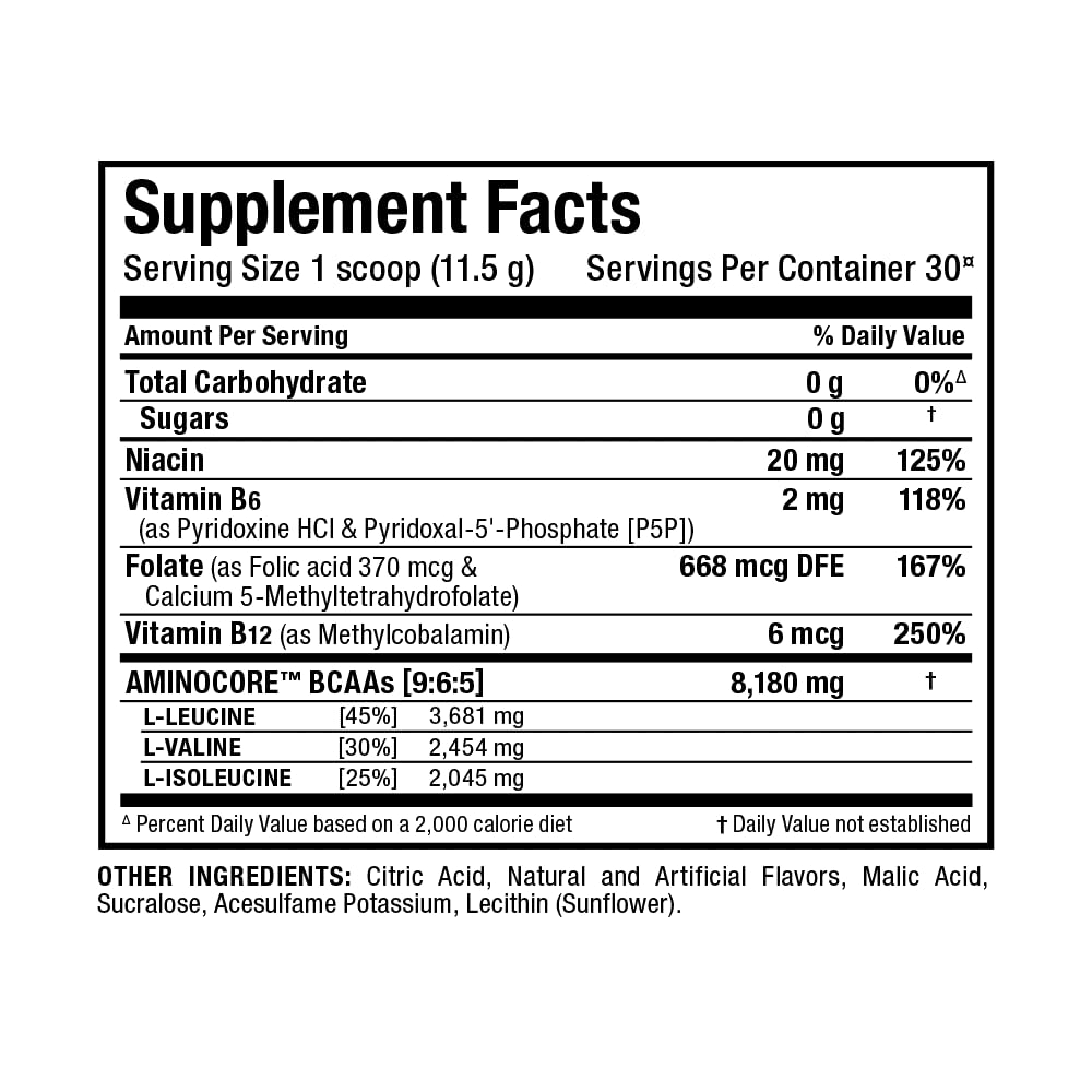 Pineapple Mango AMINOCORE label highlights a flavorful, gluten-free option.