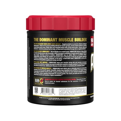 ALLMAX AMINOCORE powder being dispensed into a glass for mixing.
