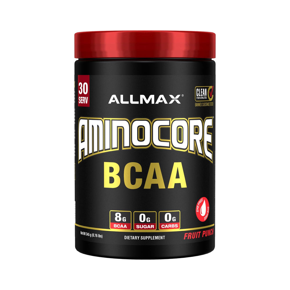 AllMAX AMINOCORE fruit punch powder tub supports intra-workout fueling.