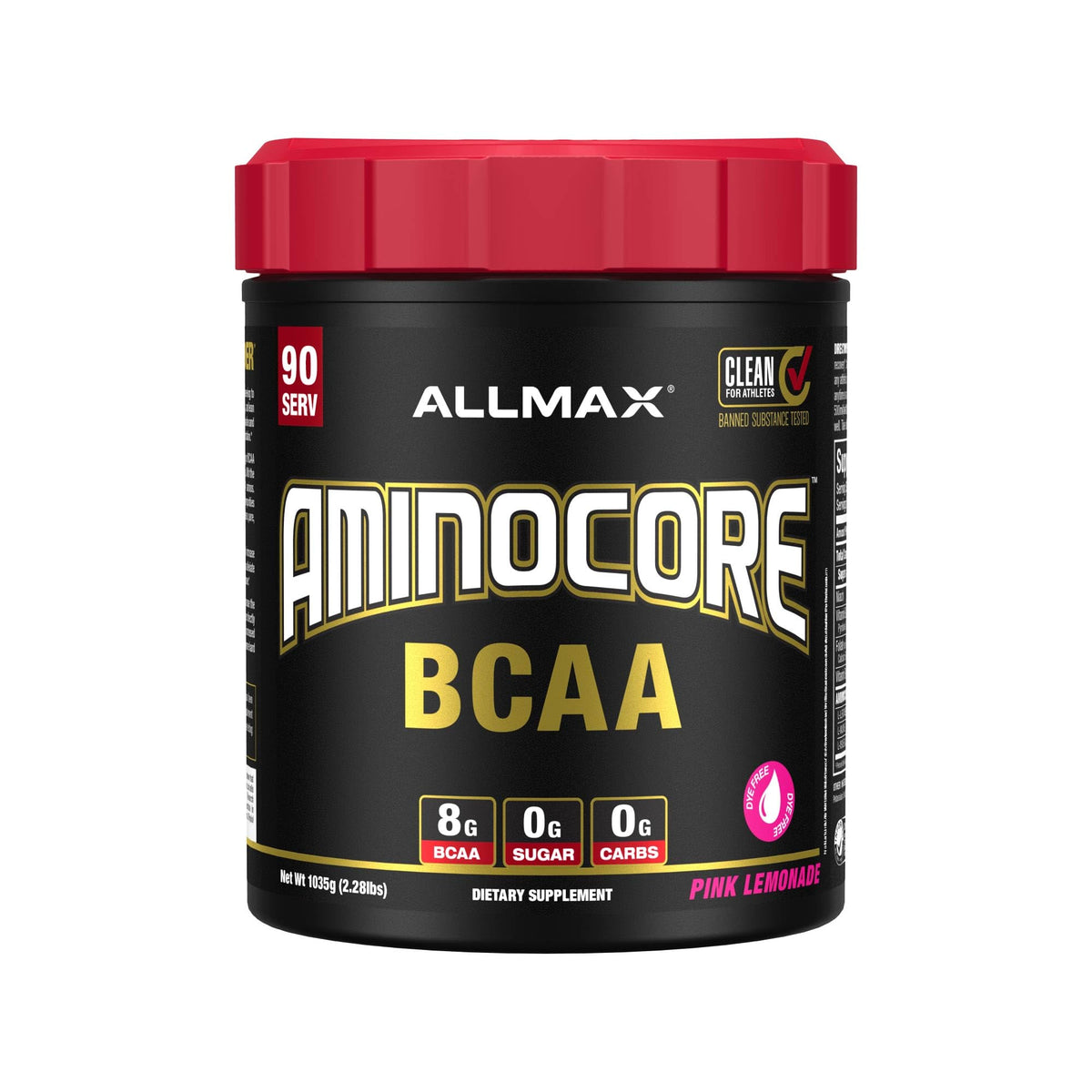 ALLMAX AMINOCORE Pink Lemonade powder in a jar for convenient daily BCAA support