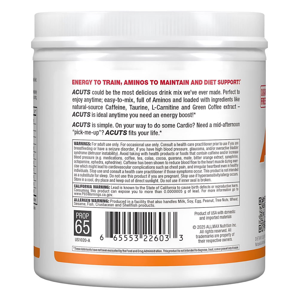 ALLMAX AMINOCUTS orange powder being stirred in water for quick, smooth mixing.
