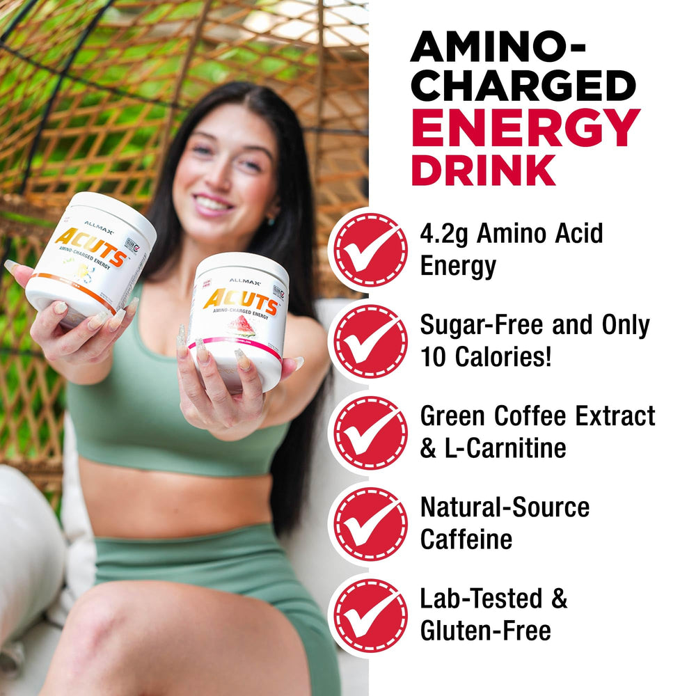 ALLMAX AMINOCUTS scoop and glass show easy-to-use daily energy mix.