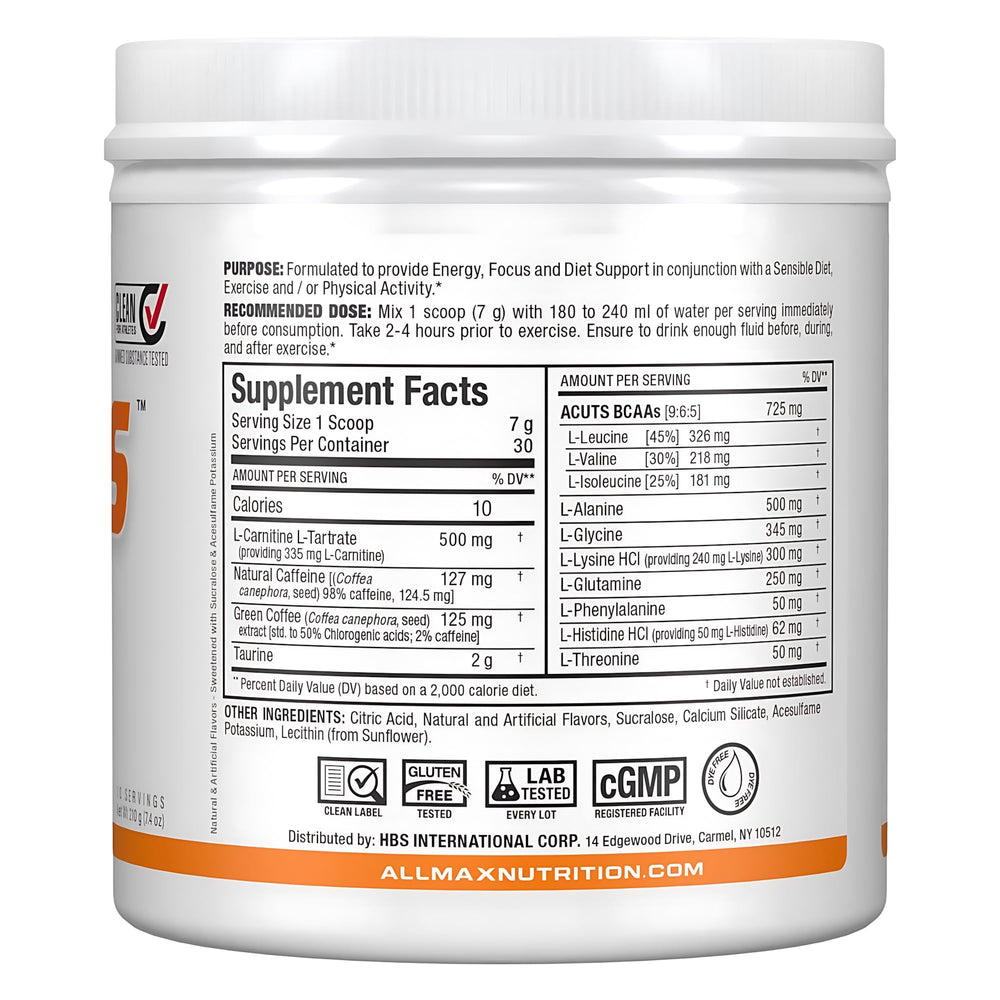 ALLMAX AMINOCUTS tub label highlighting amino blend and natural caffeine content.