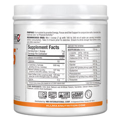 ALLMAX AMINOCUTS tub label highlighting amino blend and natural caffeine content.