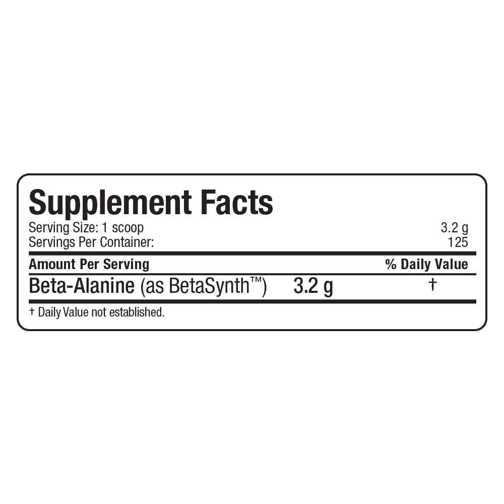 Close-up of AllMax Beta-Alanine label on the tub highlighting Betasynth purity