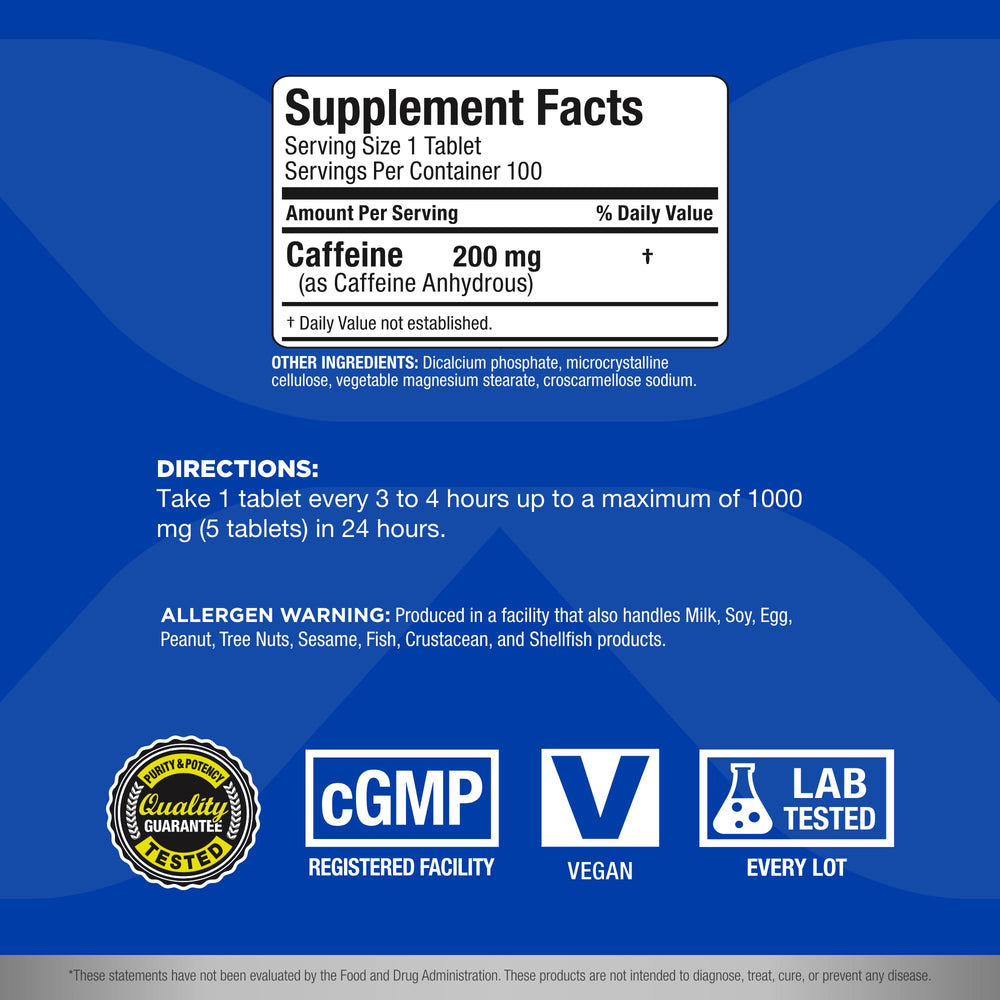 Closeup of AllMax caffeine bottle showing 200 mg per tablet for alertness