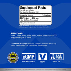 Closeup of AllMax caffeine bottle showing 200 mg per tablet for alertness