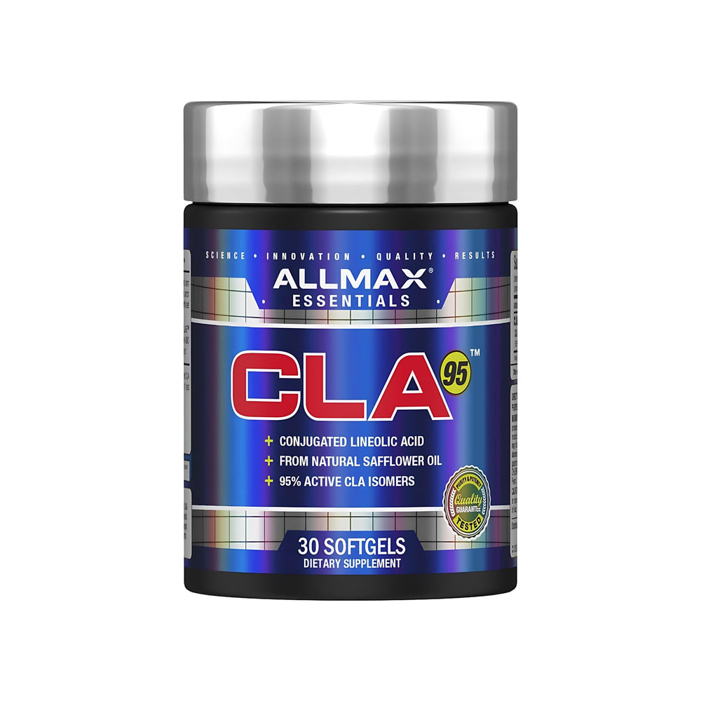 ALLMAX CLA softgel bottle shows 95% purity for lean body support.