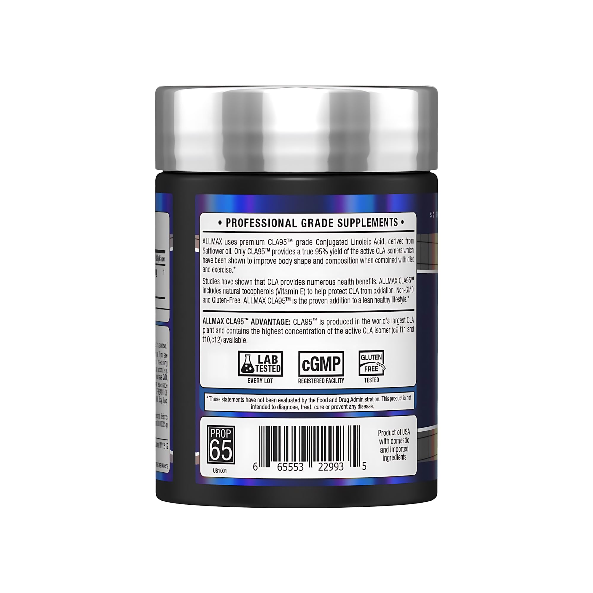 ALLMAX CLA softgel close-up highlights safflower-derived potency.