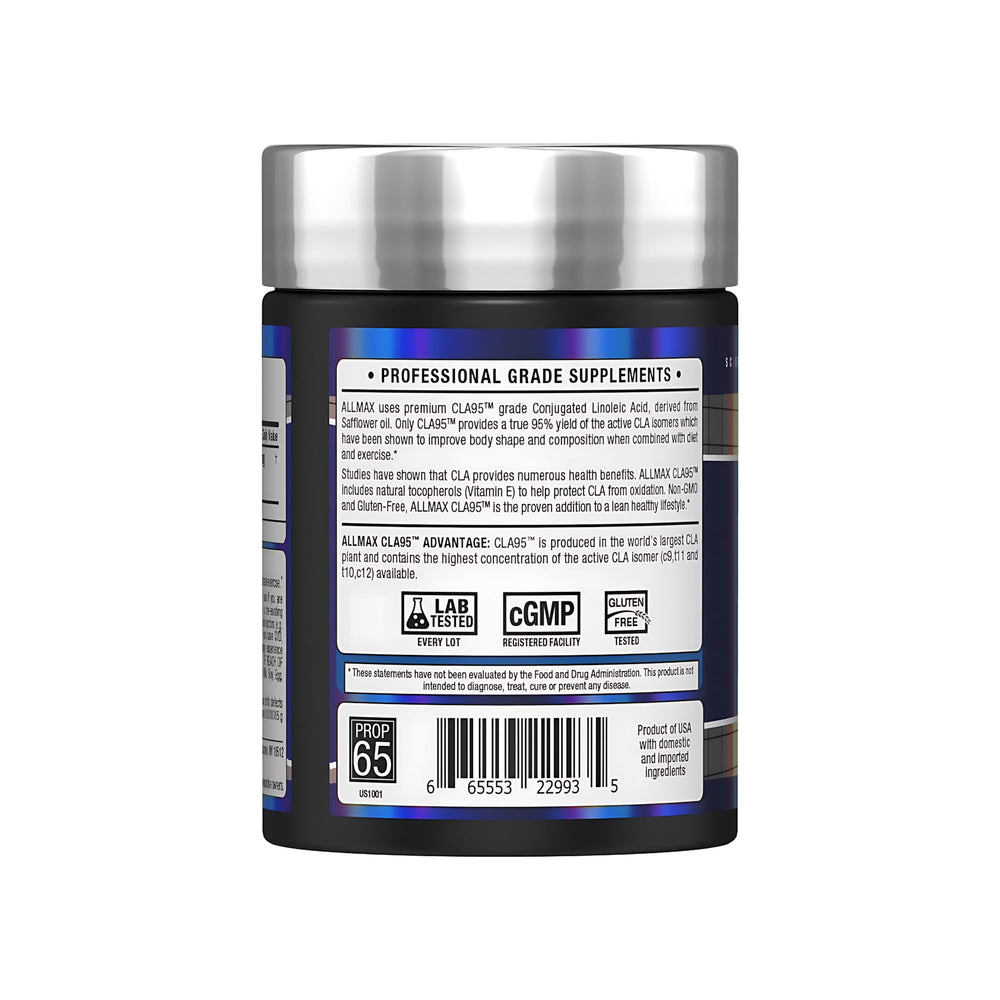 ALLMAX CLA softgel close-up highlights safflower-derived potency.