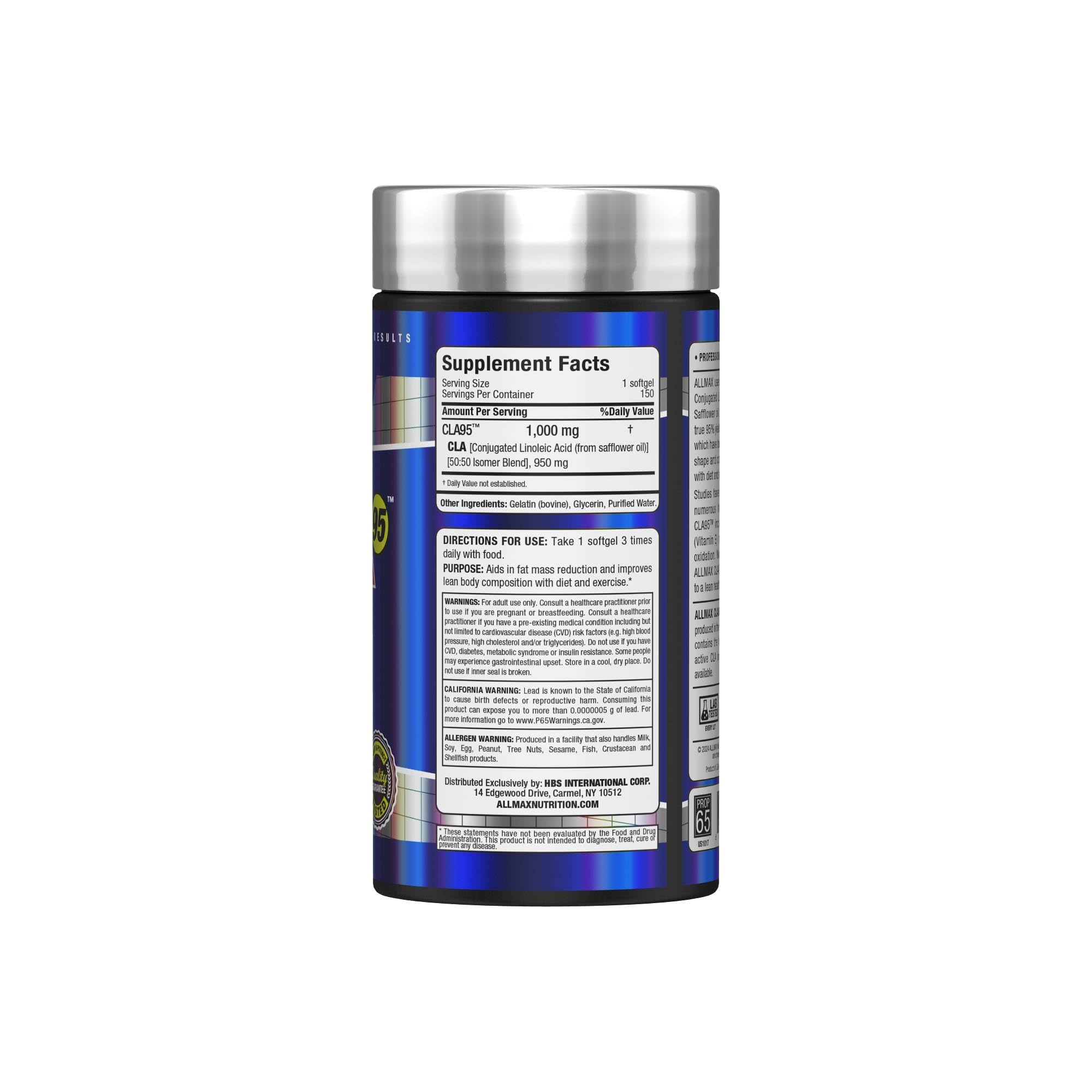 ALLMAX CLA95 bottle label emphasizing 950 mg CLA per softgel.