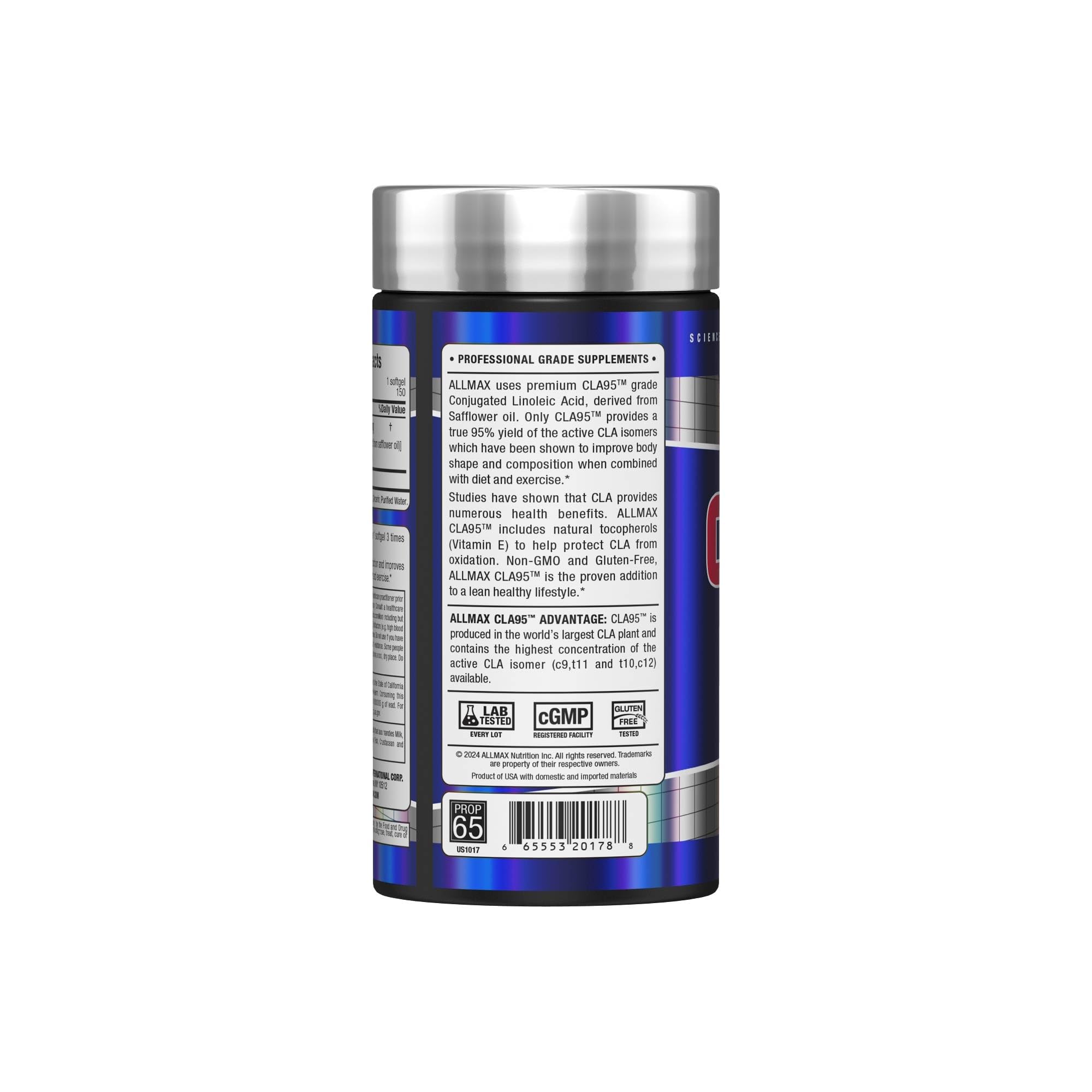 Close-up of ALLMAX CLA95 softgels highlighting high potency CLA.