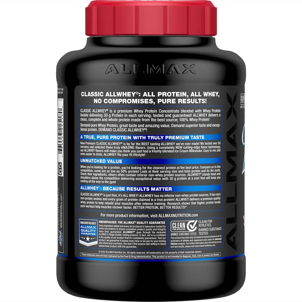 ALLMAX ALLWHEY Strawberry tub side view highlights packaging and size options.