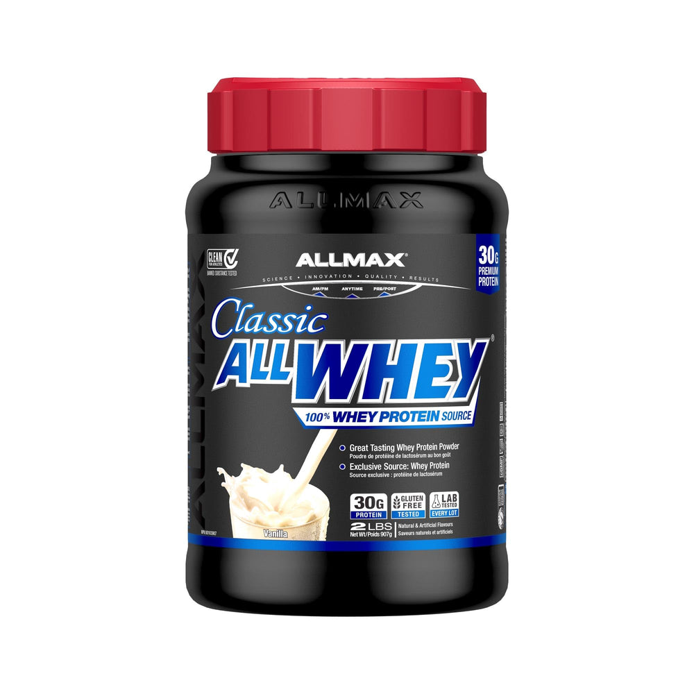 AllMAX Classic ALLWHEY Vanilla powder container ideal for quick post-workout shakes.