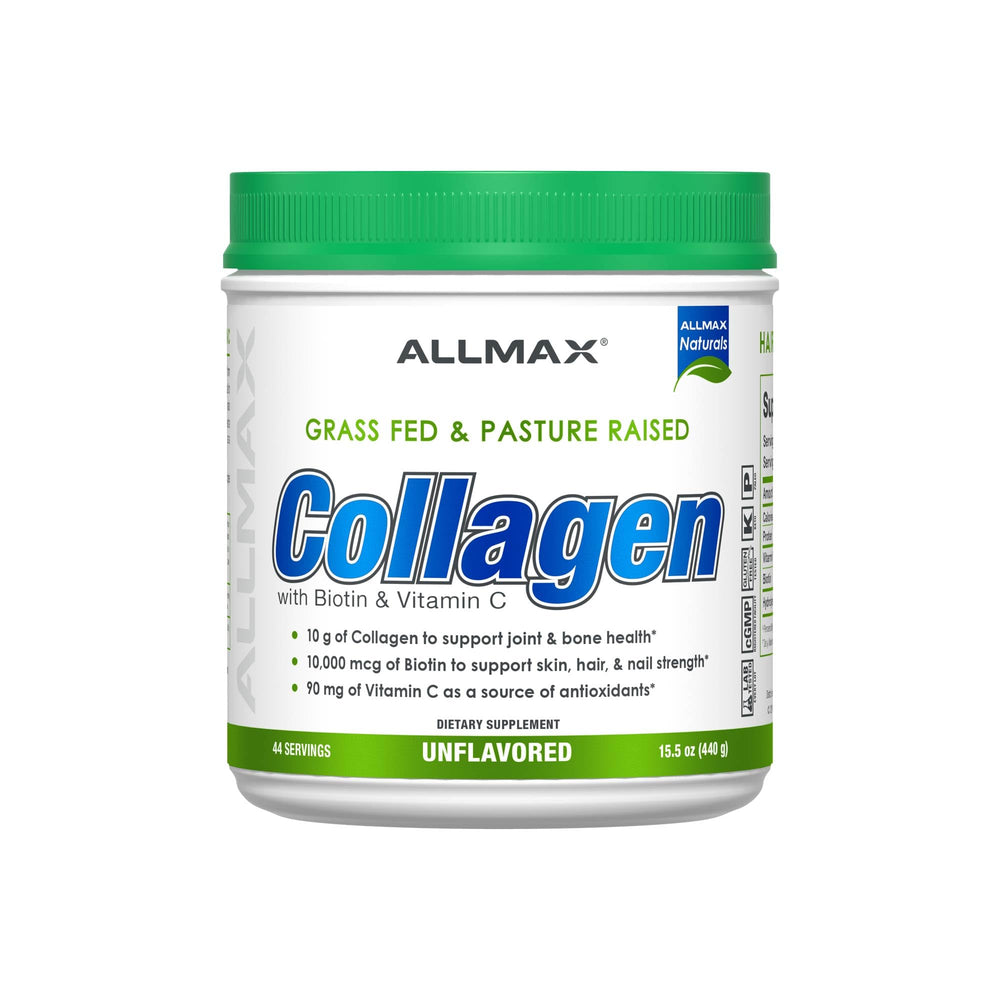 ALLMAX collagen grass-fed tub closeup highlighting premium source for joint support