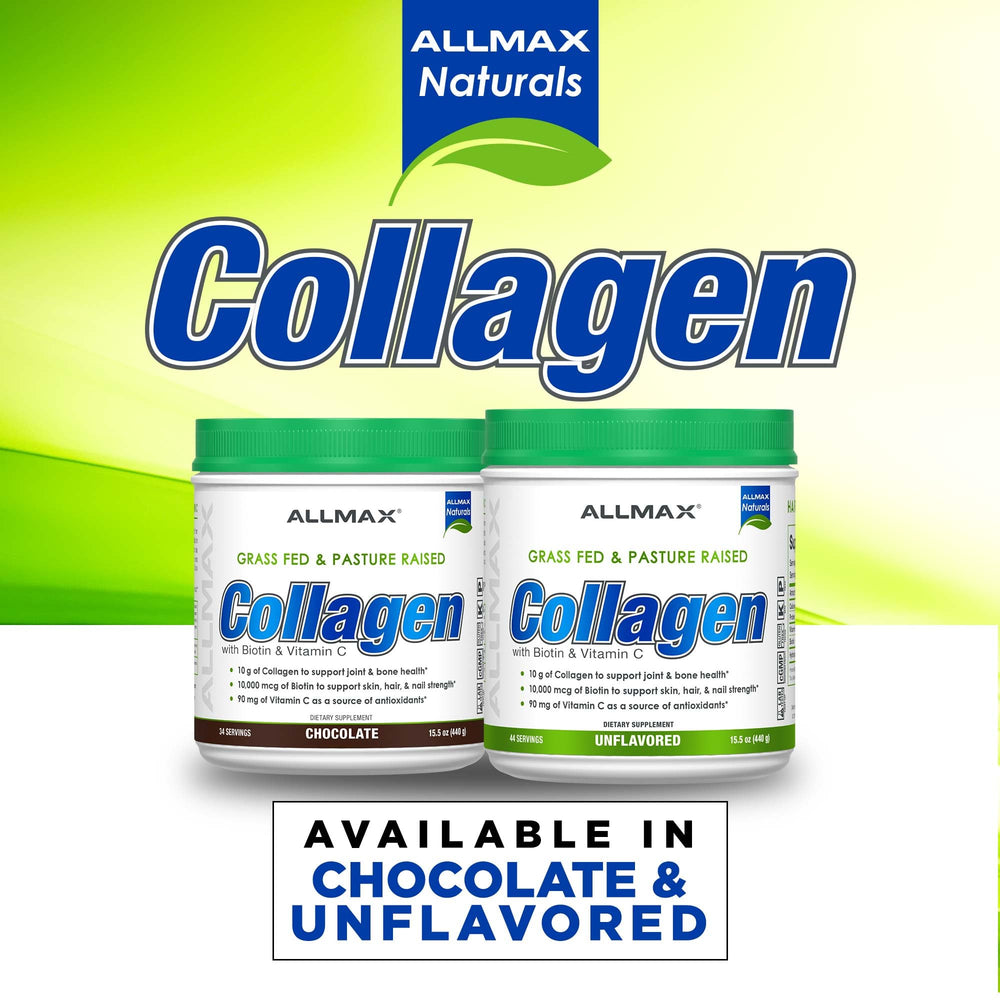 ALLMAX collagen label closeup showing biotin and vitamin C components