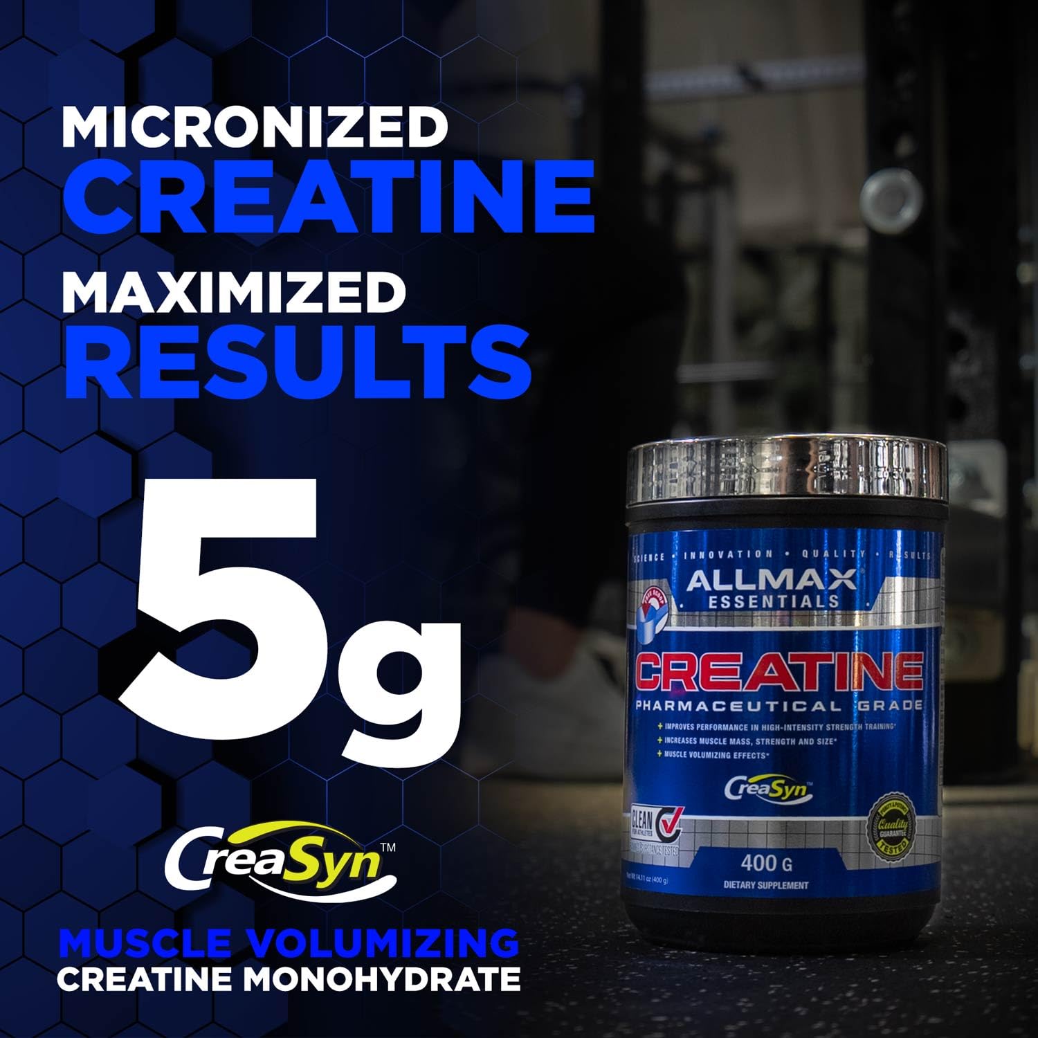 Bright bottle of ALLMAX Creatine Monohydrate signals pharmaceutical-grade quality and reliable supply.