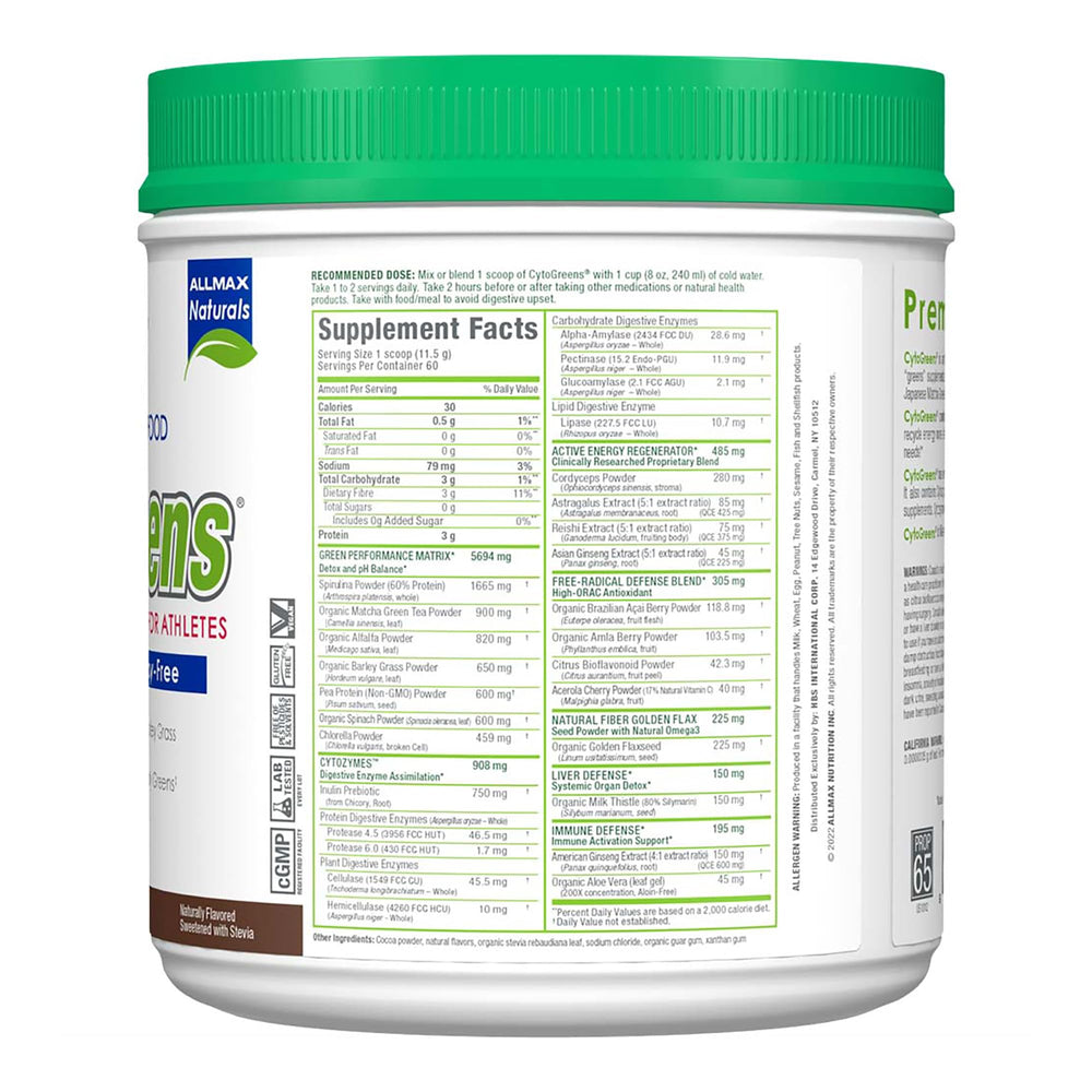 Allmax Cyto-Greens chocolate powder mixed with water for a smooth, convenient drink.