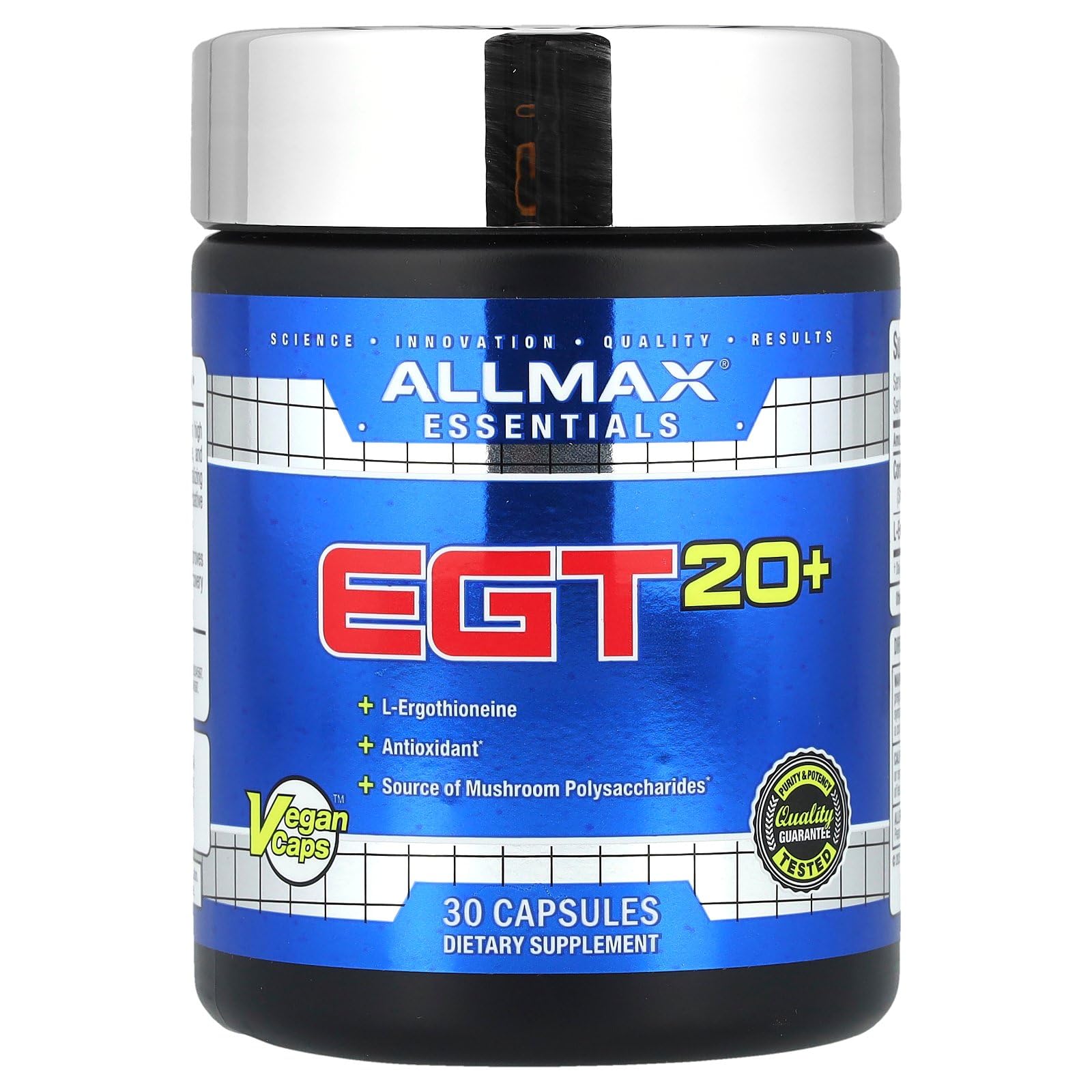Allmax EGT 20+ bottle label closeup highlighting ergothioneine and mushroom polysaccharides for antioxidant support.