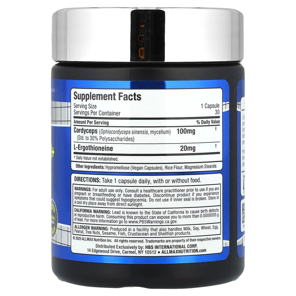 Allmax EGT 20+ capsules image showcasing product texture and antioxidant-friendly ingredients for daily wellness.