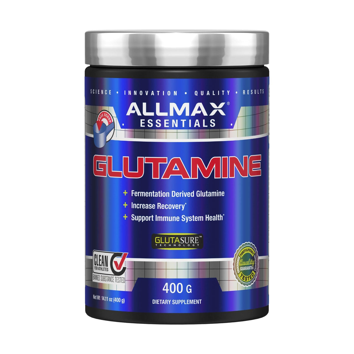 AllMAX Glutamine bottle front signaling post-workout recovery potential.