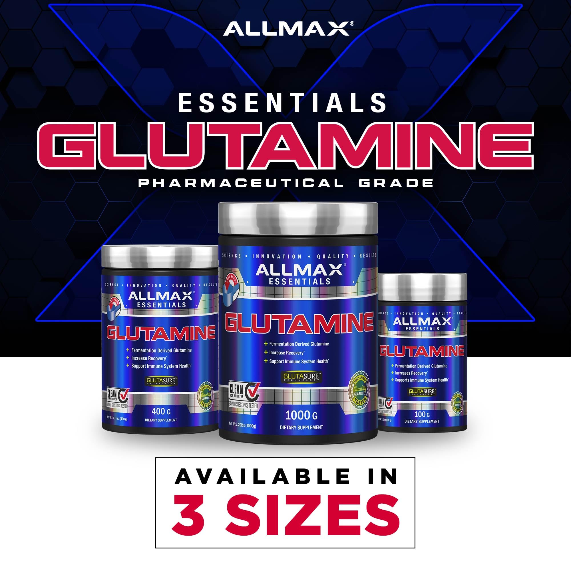 AllMAX Glutamine nutrition facts panel shows clean amino acid profile.
