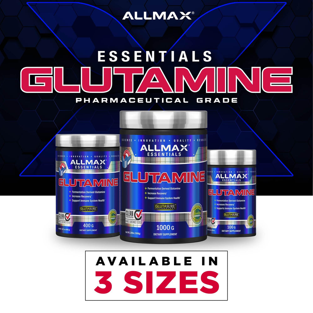 AllMAX Glutamine nutrition facts panel shows clean amino acid profile.
