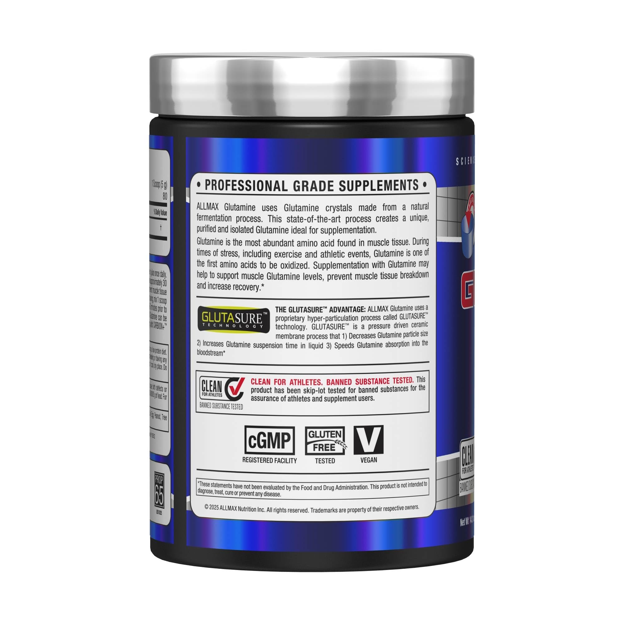 AllMAX Glutamine scoop beside bottle for easy post-workout mixing.